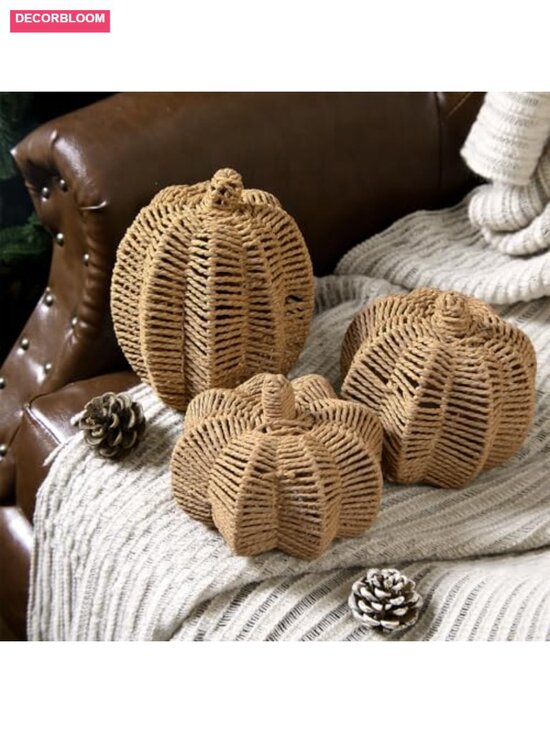 Other - 3 Pcs Handmade Woven Rattan Pumpkin Decorations Fall Thanksgiving Centerpiece